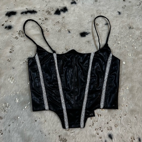 Women’s Black Leather Rhinestone Pearl Corset Bustier Top - Picture 9 of 10